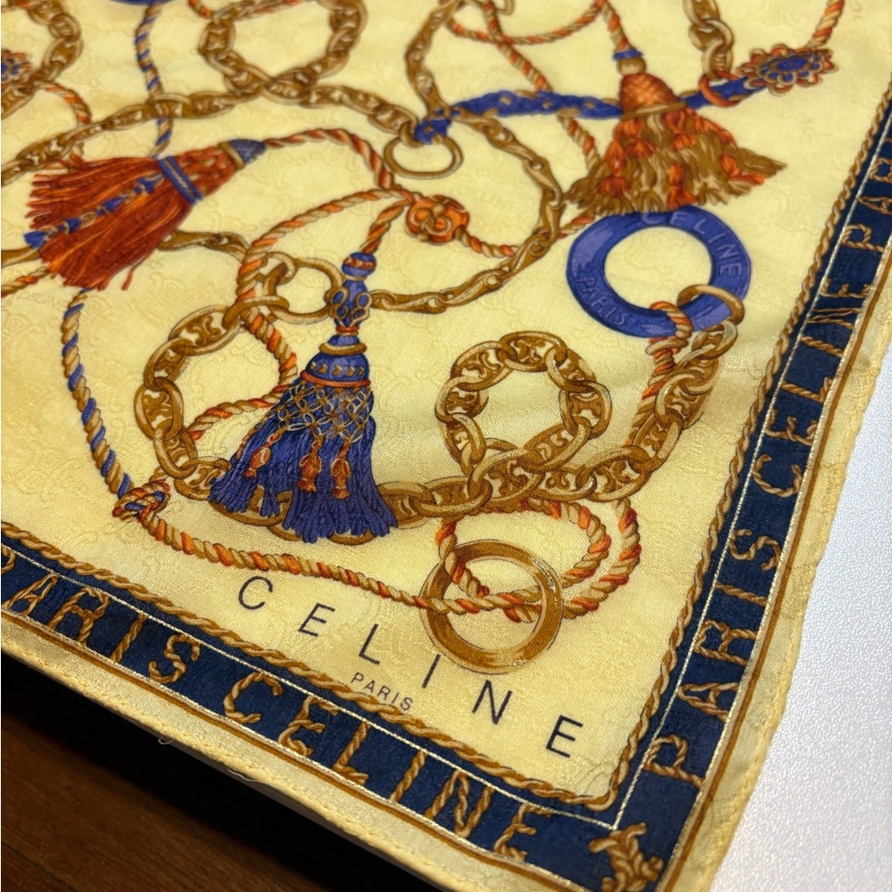 CÉLINE Paris Vintage Silk Scarf | Chain & Tassel Print | Cream, Navy & Gold